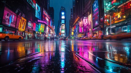 Obraz premium Vibrant Times Square at Night with Reflections