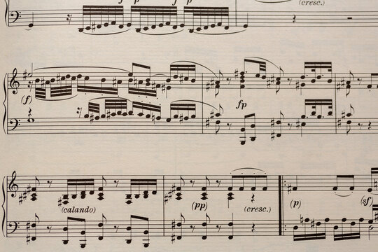 Musical notations displayed on sheet music with various dynamics and expressions highlighted in a classical composition