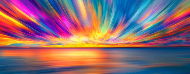 Obraz premium Colorful sunset over the ocean, long exposure, blurred motion, abstract background. Sky is painted in vibrant hues of orange, pink, blue, yellow, and purple, calm sea reflecting colors.