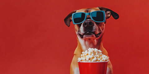 Funny dog wearing 3D glasses with popcorn bucket, cute pet watching movie or TV in cinema