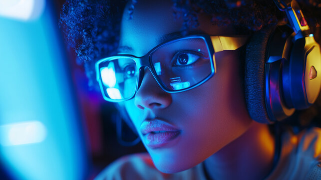 Young Gamer Immersed in Virtual Mission with Team Chatting