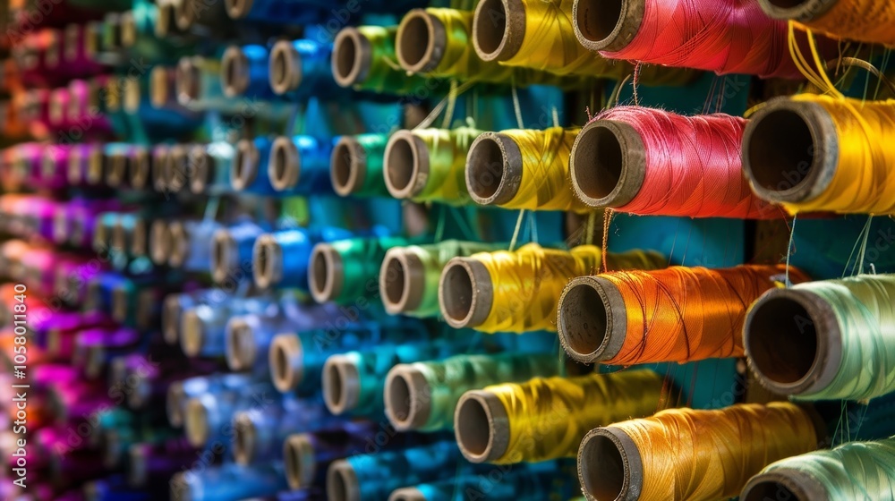 Poster vibrant spools of thread in every color of the rainbow line the walls ready to be used for stitching