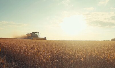 Naklejka premium Combine harvester working in a large cornfield under a bright sky