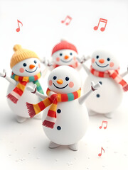 Fototapeta premium Paper snowmen on a simple white background, paper style snowmen figurines 