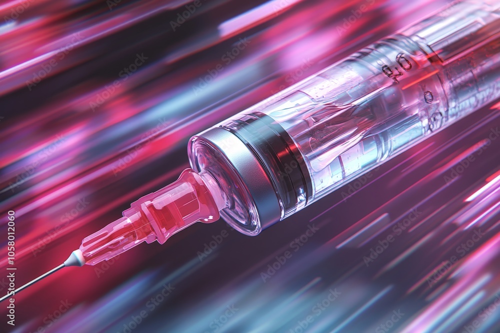 Aufkleber high speed close up of red and blue liquid in syringe symbolizing injection technology healthcare dy