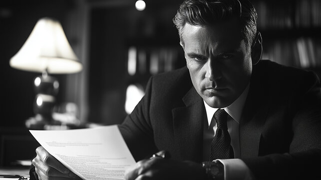 Criminal lawyer reviewing case files in an office, fully engaged and prepared.