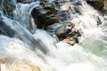Crystal clear water flows gracefully over rugged stones, creating a soothing sound while sunlight dances on the surface amidst vibrant foliage in a peaceful environment.
