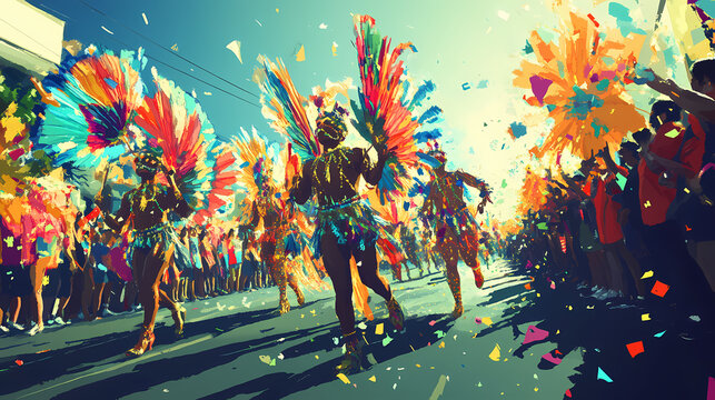 Carnival parade on the street in rio de janeiro ,brazilian carnival , generative ai. Brazilian Carnival Parade. Illustration