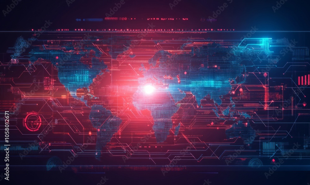 Poster futuristic digital world map with a glowing globe for global technology concept and future communica