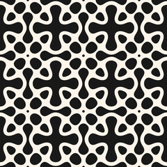 Vector geometric abstract texture. Black and white seamless pattern with curved lines, floral silhouettes, organic shapes, grid, lattice. Simple monochrome ornamental background. Repeated geo design