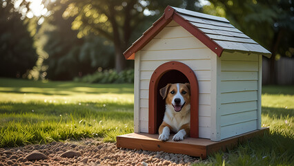 cozy dog house in a sunny, green yard