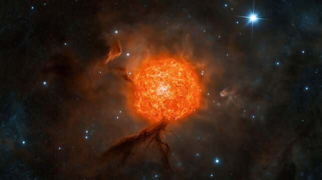 Digitally generated fiery star in deep space with glowing plumes, surrounded by stars and dark cosmic clouds - Powered by Adobe