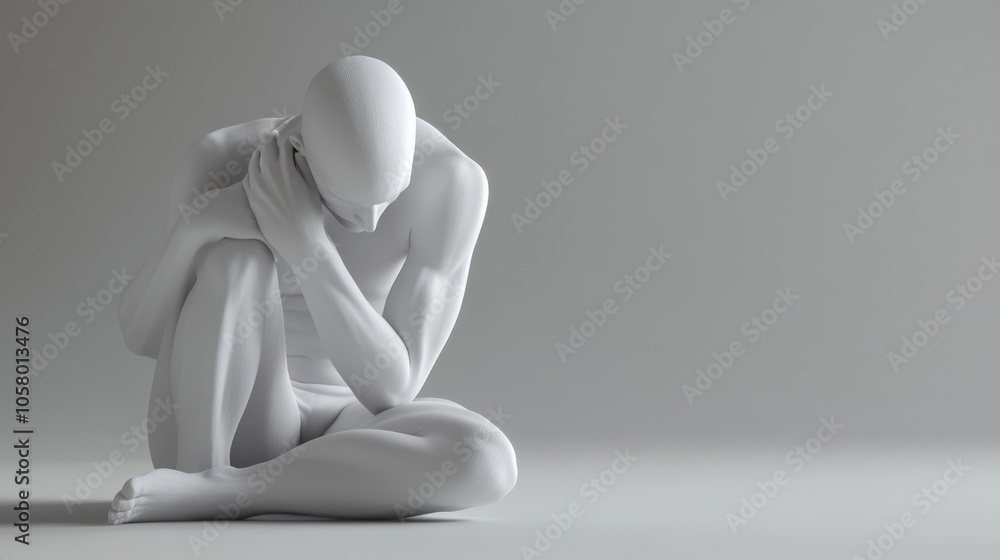 Poster a minimalistic sculpture depicts a figure in a crouched position, conveying deep emotion and introsp