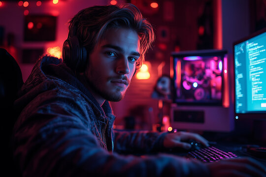 Game developer enthusiastically coding on a computer in a dark, techy room.