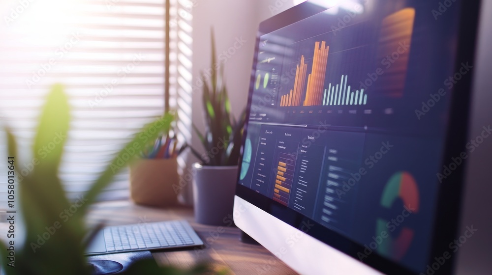Poster a modern desktop with colorful data analytics displayed on screen, surrounded by plants and natural 