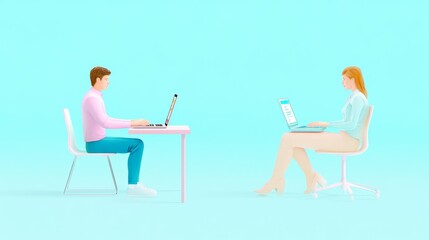A modern digital workspace featuring two individuals engaging with laptops in a vibrant, minimalist environment.