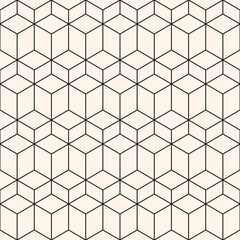 Simple vector minimal seamless pattern with hexagonal lattice, cubic linear grid. Black and white geometric texture with thin lines. Abstract minimalist monochrome background. Repeated delicate design