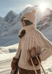 Stylish woman in a chunky knit sweater and sunglasses, standing against a snowy mountain backdrop. Winter fashion with a cozy alpine feel.