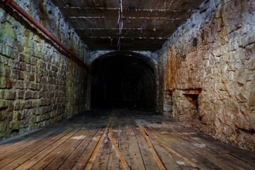 This dark underground tunnel features aged brick walls and a creaky wooden floor. It is unsafe for...