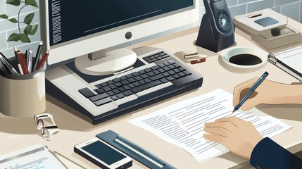 A modern workspace featuring a computer, writing hand, and organized supplies for efficient productivity and creativity.