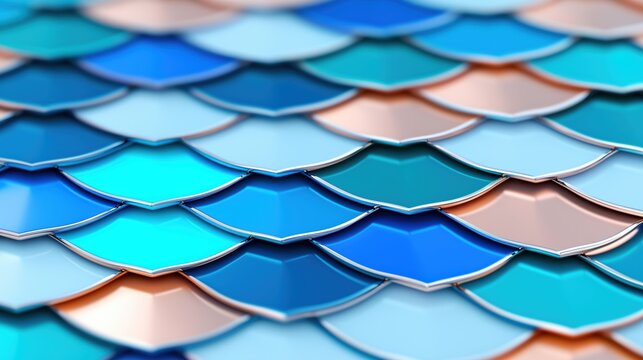 Overlapping, metallic scale-like tiles in shades of blue and bronze, forming a textured, fish-scale pattern with a reflective finish.