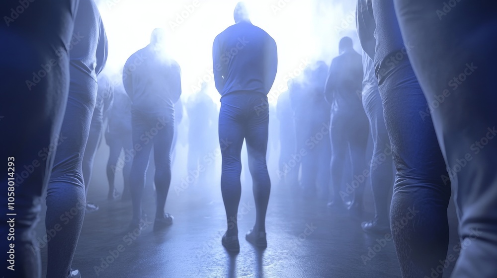 Poster a mysterious group of figures in shadow, illuminated by a glowing light, creating an eerie and capti