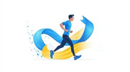 Fototapeta premium A minimalist vector illustration of a man jogging with a blue ribbon flowing behind him, symbolizing fitness and men's health