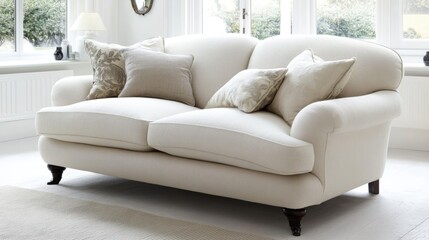 Fototapeta premium Elegant white sofa with plush cushions in bright room