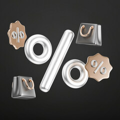 Modern 3D design showcasing a prominent silver percentage symbol with elegant shopping bags and...