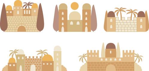 Naklejka premium Ancient biblical city mud buildings scenes . Decoration set for museum events flyers, illustration, children bible,greeting cards,holiday events, print