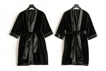 Front and back view of black robe on hanger
