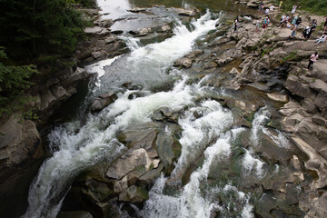 Cascading waters create a symphony of sounds as they tumble over rocks, surrounded by dense greenery and curious onlookers savoring the tranquility and natural beauty of this scenic location.