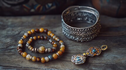 Fototapeta premium Elegant Vintage Jewelry on Rustic Wooden Surface