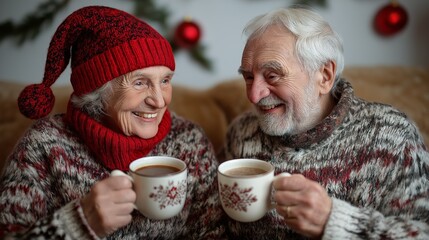 An elderly couple wearing festive sweaters and hats, smiling while holding mugs of hot beverages in a cozy, decorated setting