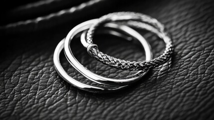 Elegant Rings on Leather Surface in Black and White