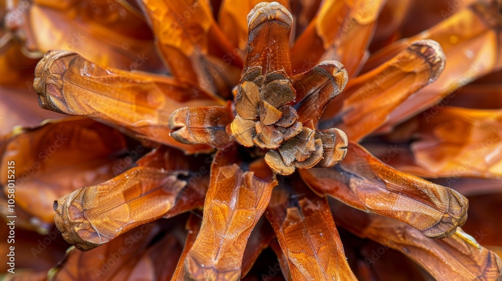 Poster the intricate structure of a pinecone with individual scales and seeds visible.