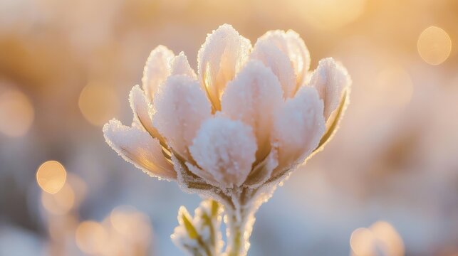 A delicate flower covered in frost, glowing in the soft morning light.