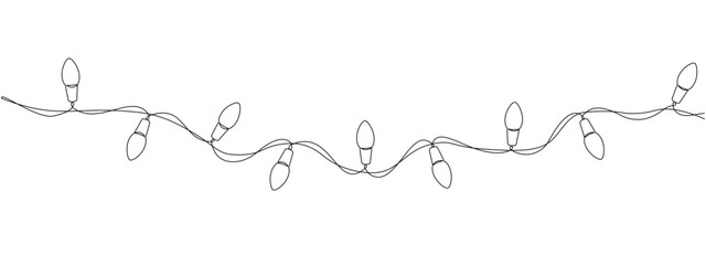 Festoon, garland with bulbs drawing with one continuous line. Festive, Christmas garland in simple linear style.  Split frame for design for banner, background. Vector editable illustration