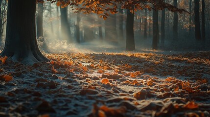 A serene forest landscape with frosted leaves and sunlight filtering through trees.