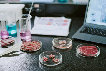 Lab setup showing multiple food samples, scientific instruments, and a laptop for conducting analysis and recording results. Various meat samples on petri dishes are present
