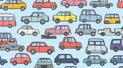 Cars top view. City vehicles. Personal or public transport. Auto park. Moving through streets. Taxi cab. Police automobile. SUV pickup. Trailer van. Road drive traffic