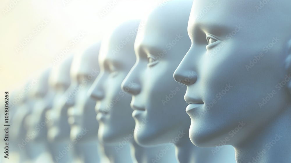 Poster a row of serene, futuristic mannequin heads symbolizing individuality and modern design in a minimal