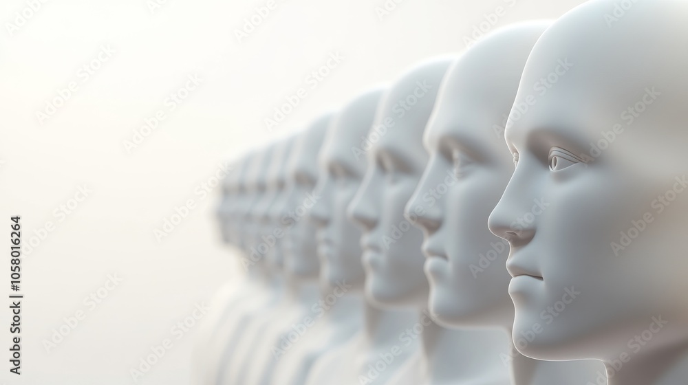 Poster a row of realistic mannequins showcasing serene expressions, ideal for concepts of identity, creativ