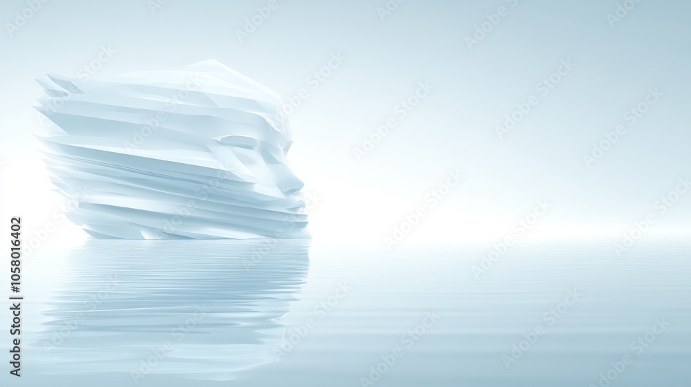 Poster a serene abstract representation of a face emerging from a calm surface, blending seamlessly with a 