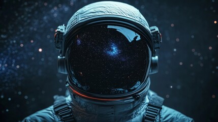 Close-up of an astronaut helmet reflecting a starry galaxy in a minimalistic space setting