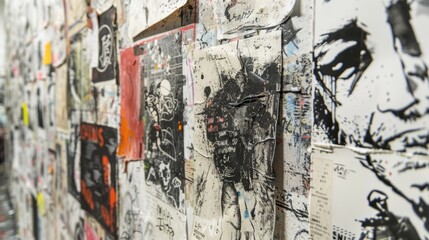 A shot of a wall covered in sketches and paintings each one showcasing the unique style and creativity of the young artists.