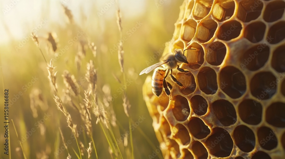 Poster a honeybee lands on a honeycomb in a field with the sun setting in the background.