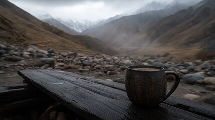 Serene Mountain Landscape with Coffee Mug in Focus
