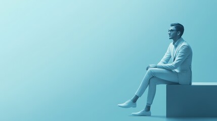 Obraz premium A serene figure in a stylish suit sits on a minimalist platform, set against a calm blue backdrop, exuding calm and contemplation.