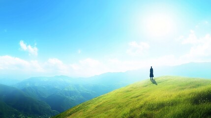 Obraz premium A serene figure standing on a grassy hill, gazing at a vast landscape under a bright blue sky with distant mountains.